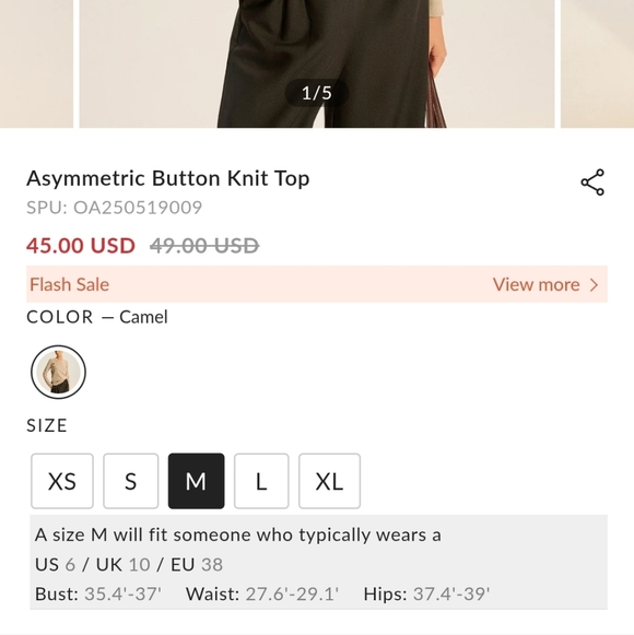 Commense Asymmetric Button Knit Top  Camel Color Long Sleeve Gold Detail Size M - Picture 11 of 11